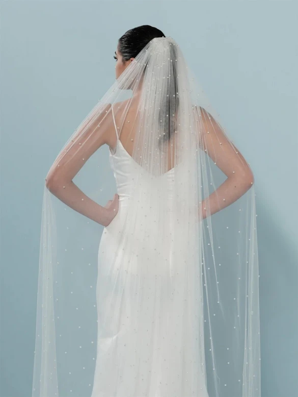 Bride wearing a long wedding veil